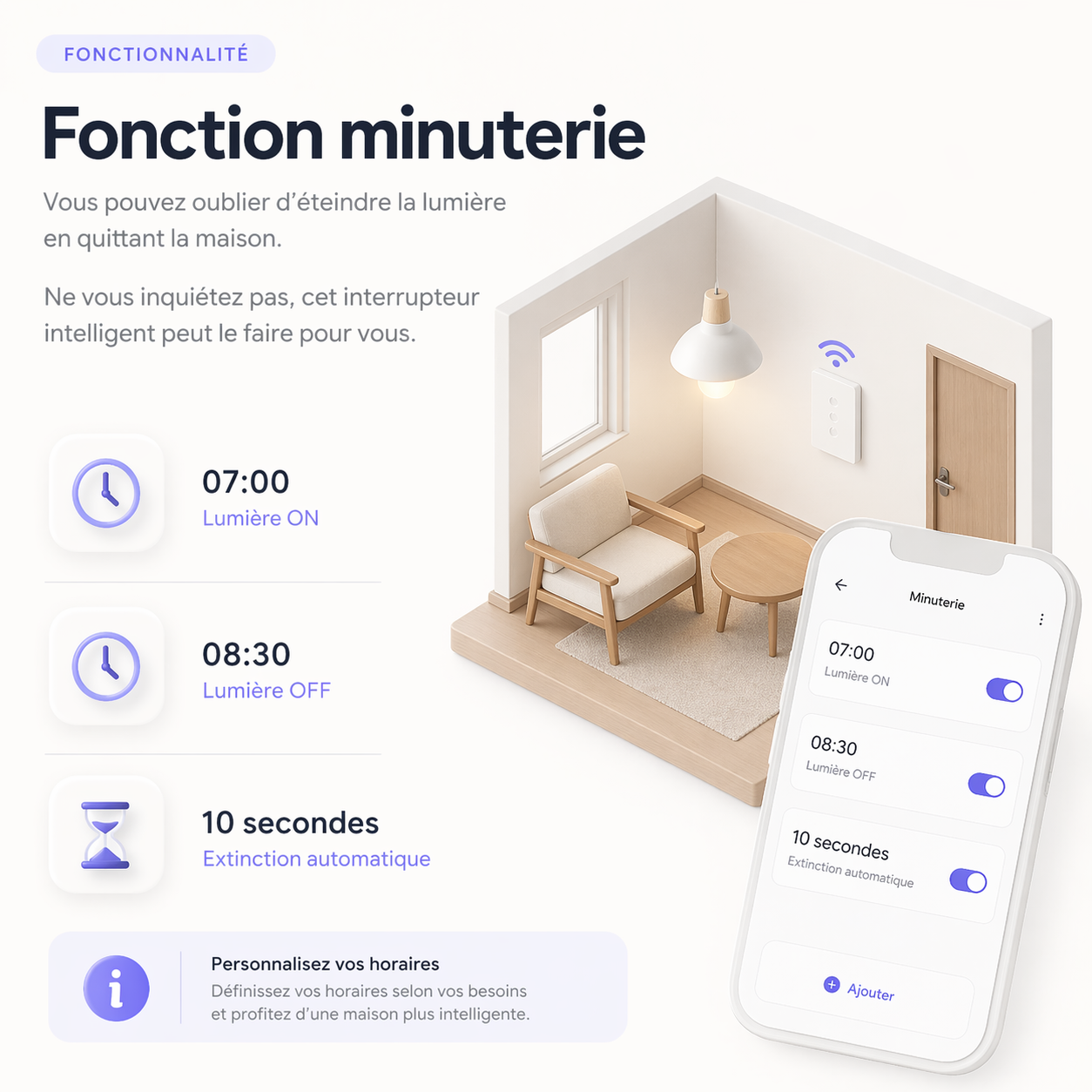 Fonction minuterie avec programmation de lumière via application.