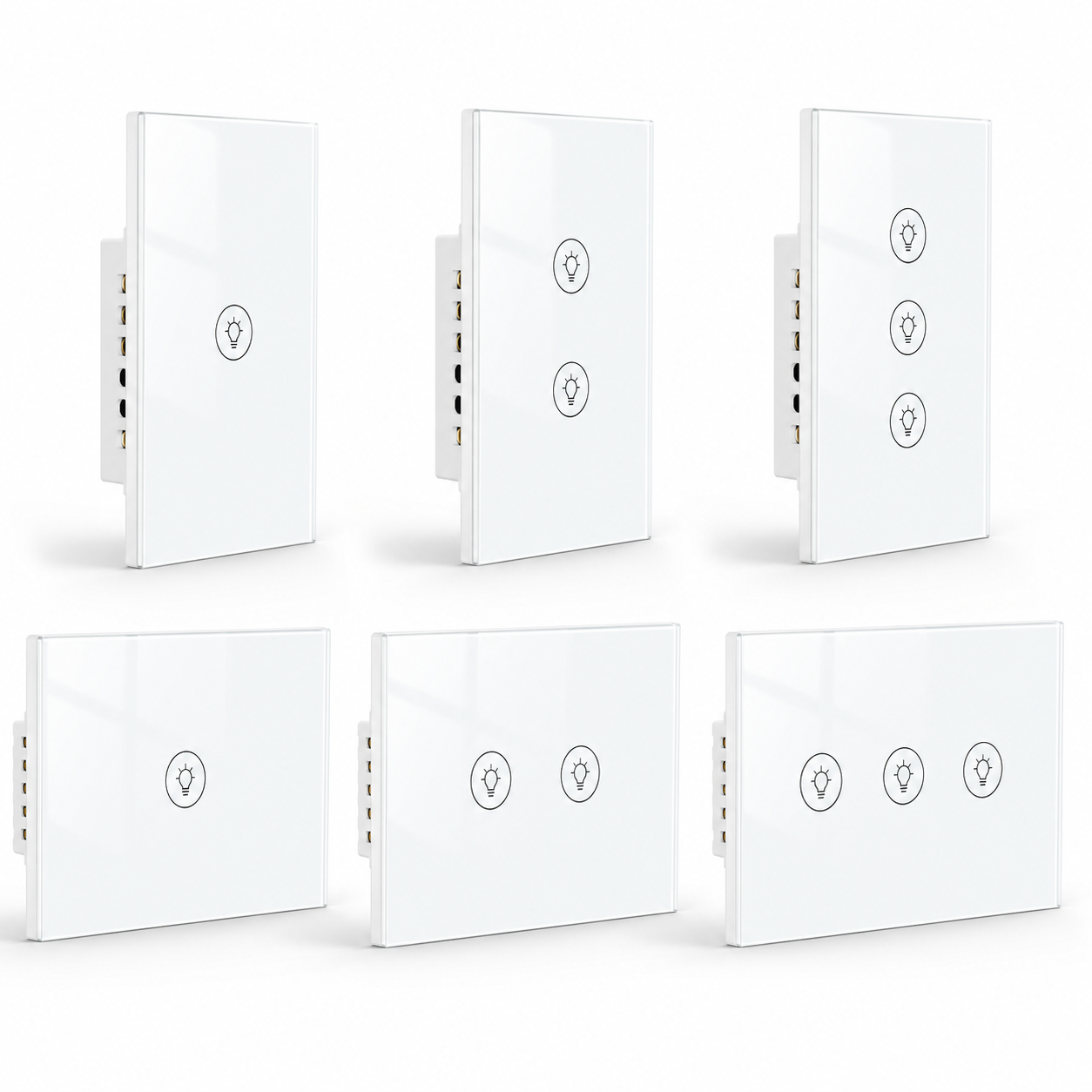 Gamme NéoMulti Dimmer blanche montrant plusieurs formats de variateurs muraux à un, deux et trois boutons.