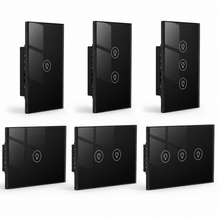 Gamme NéoMulti Dimmer noire montrant plusieurs formats de variateurs muraux à un, deux et trois boutons.