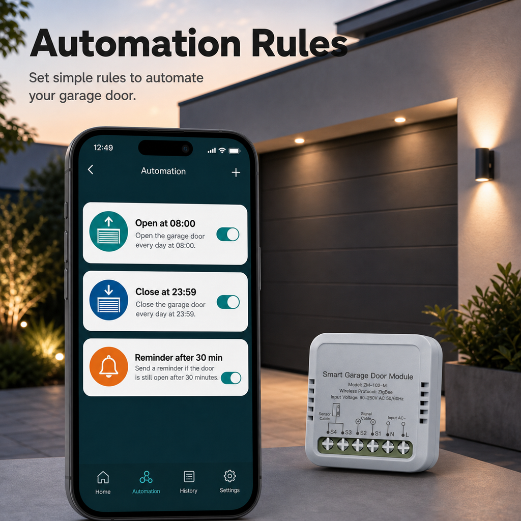 Automation rules screen for garage door open close and reminder settings