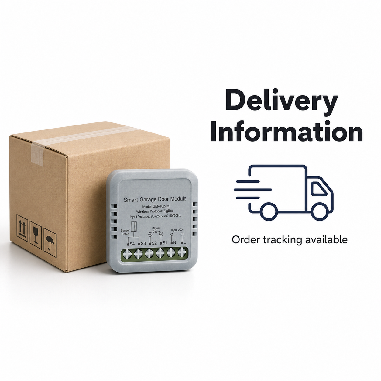 Delivery information image with parcel and garage door controller module