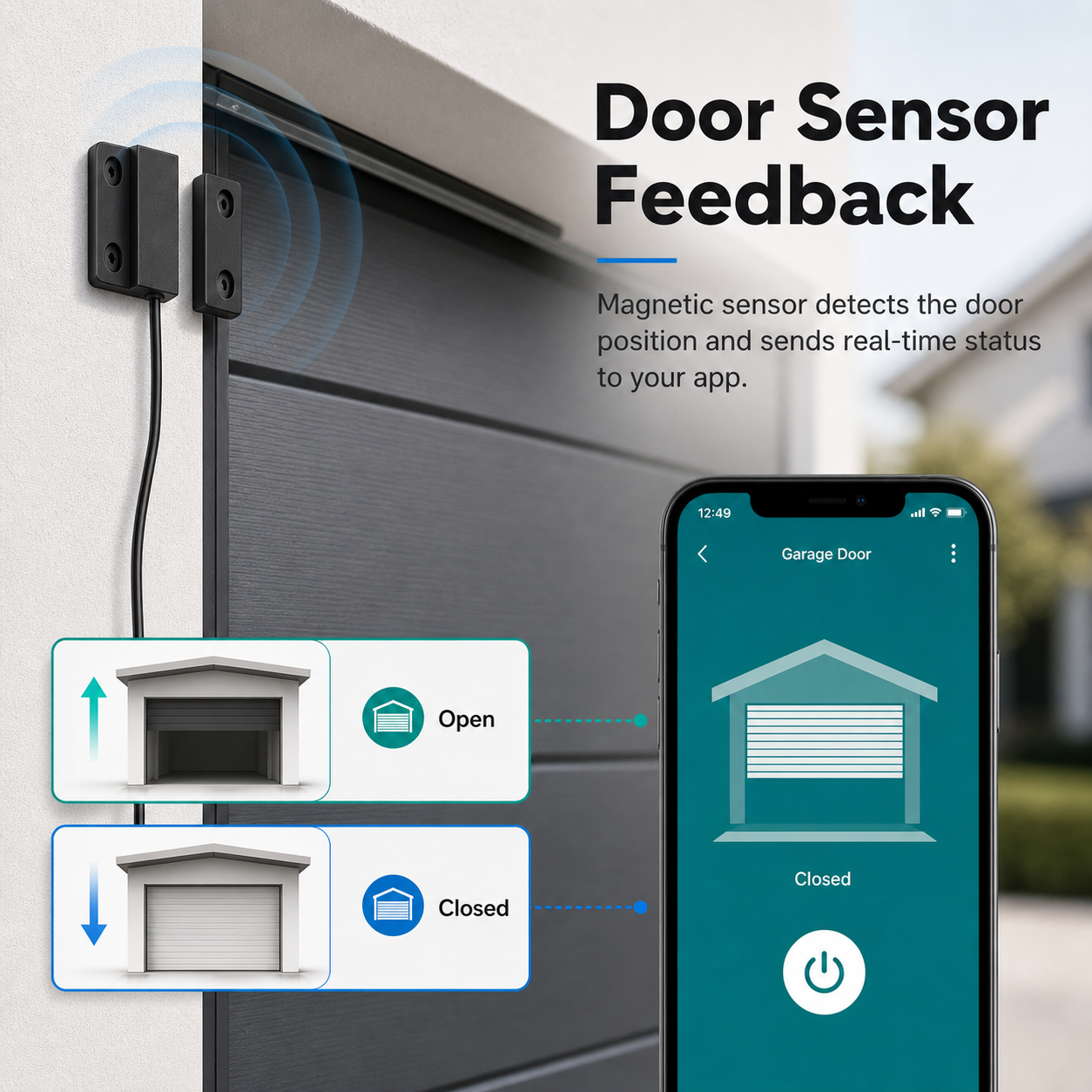 Magnetic door sensor feedback shown in a garage controller app