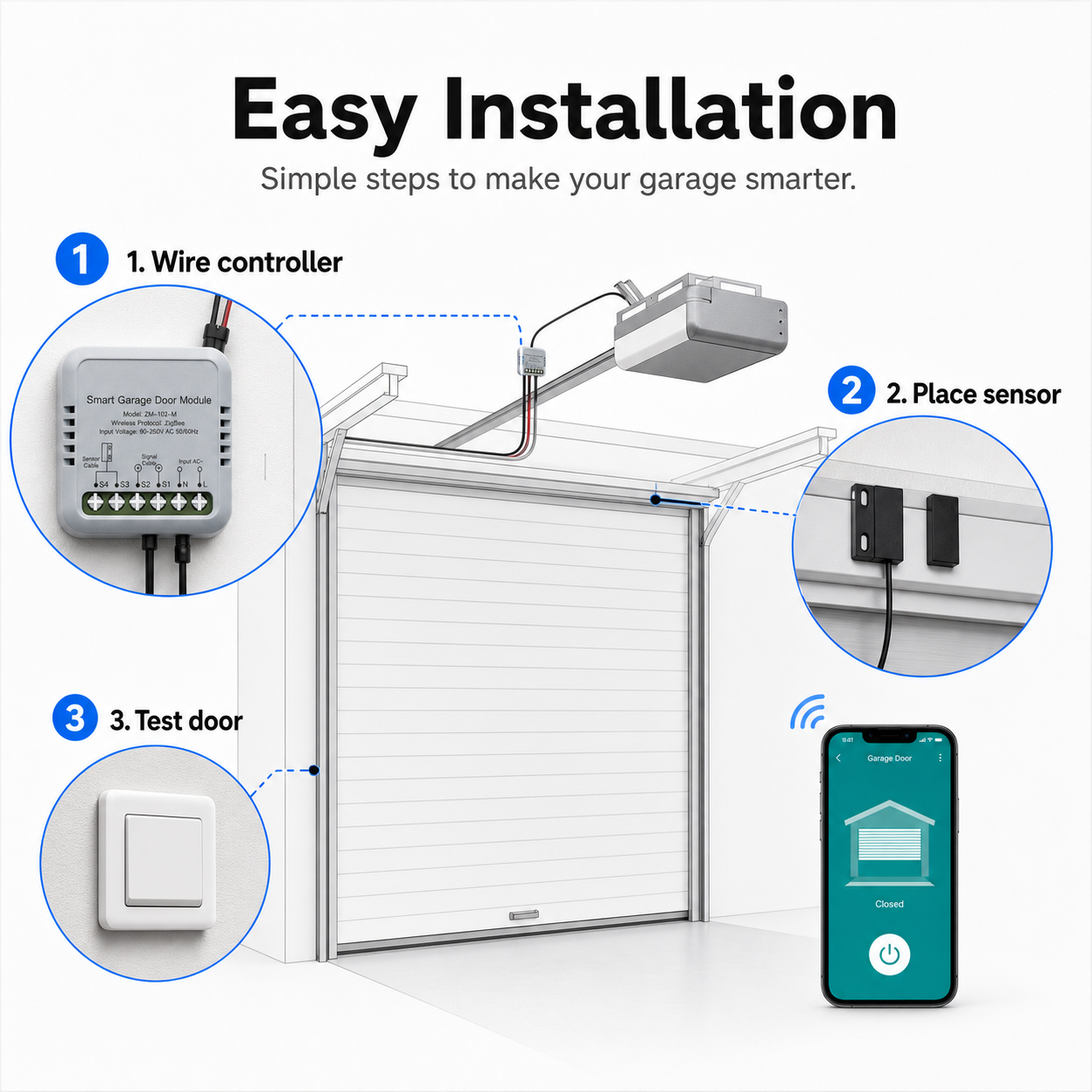 Easy installation diagram for garage door controller and magnetic sensor