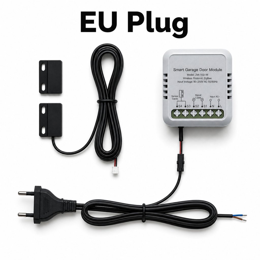EU plug variant of garage door controller kit on white studio background