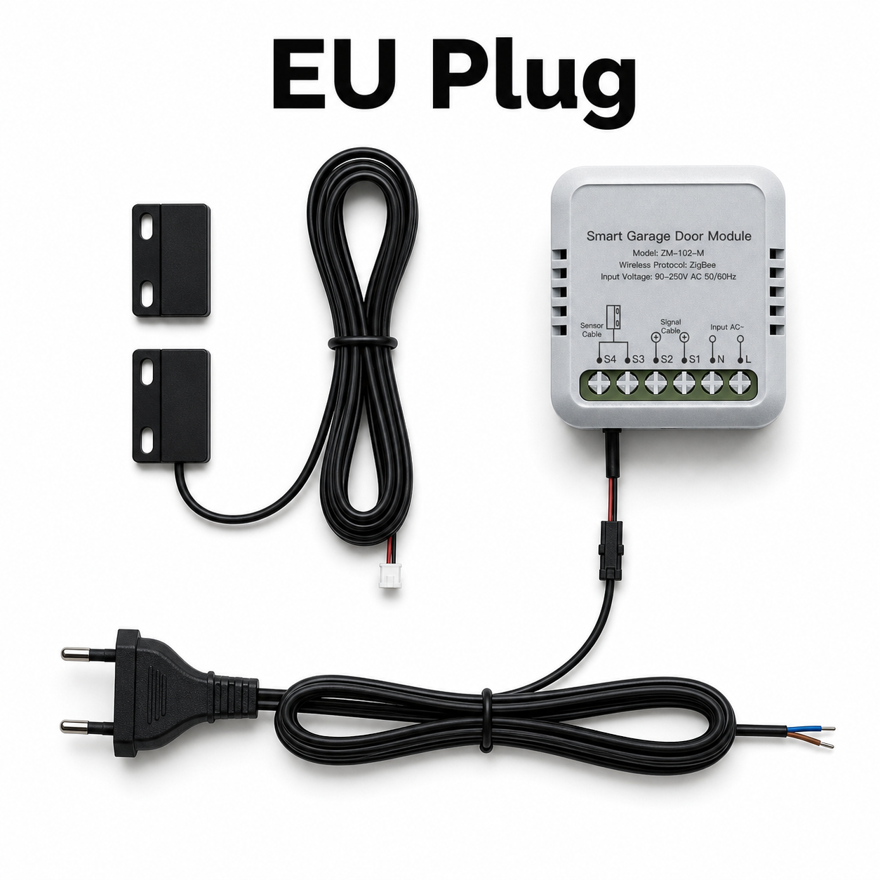 EU plug variant of garage door controller kit on white studio background