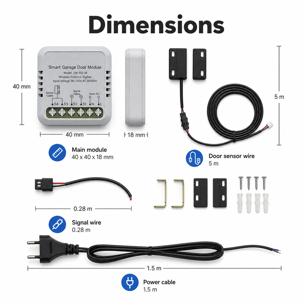 Dimensions of garage door controller kit module sensor wire and power cable