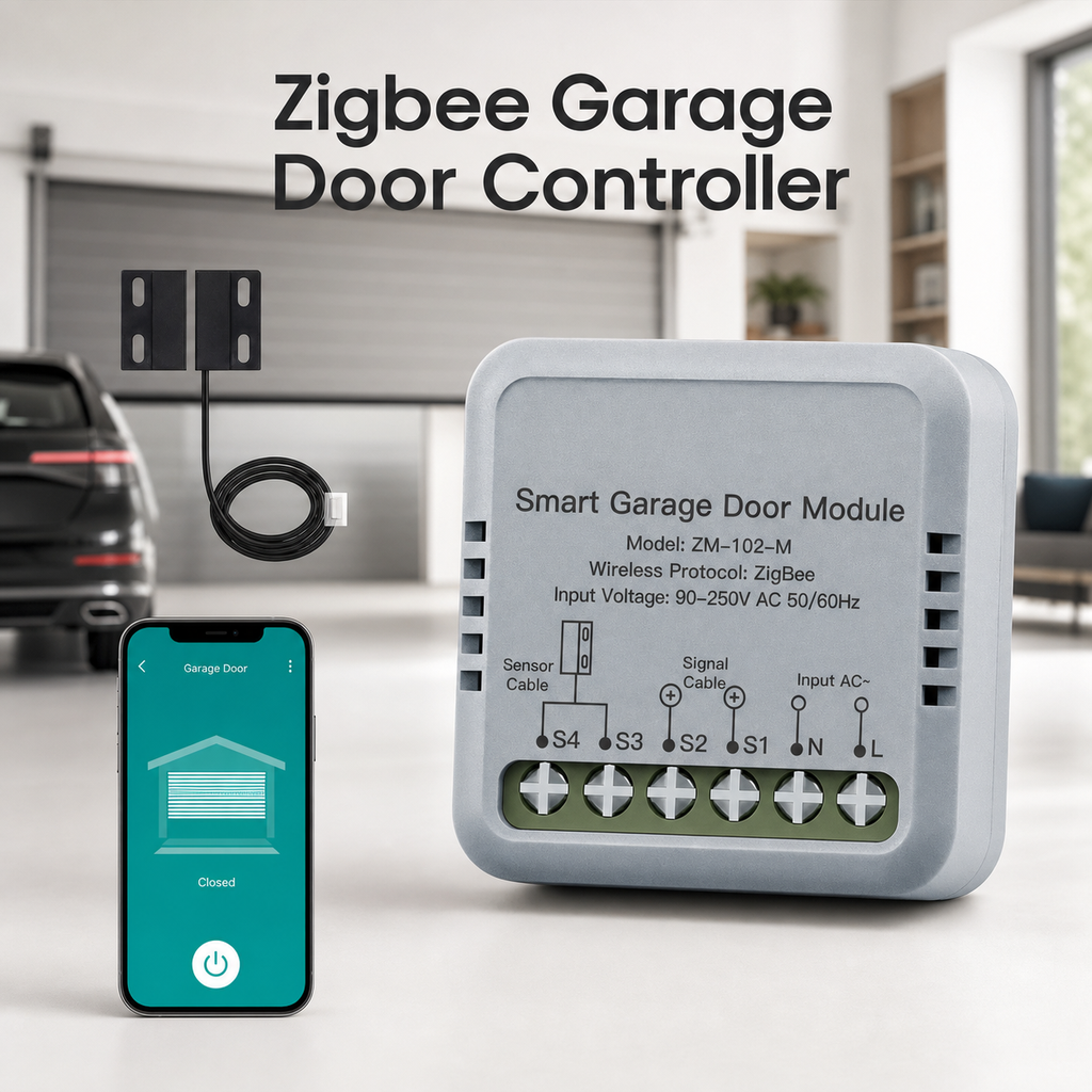 Studio packshot of Zigbee garage door controller module with sensor and app control
