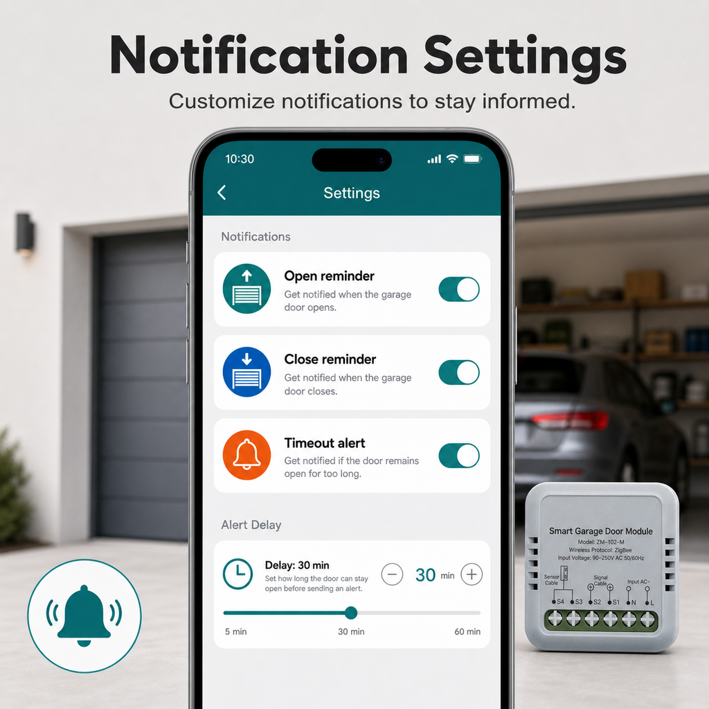Notification settings screen for open close and timeout alerts