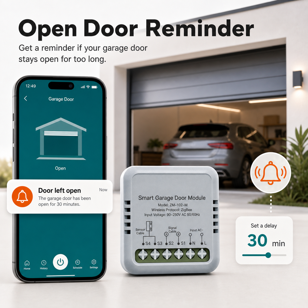 Open door reminder scene with garage controller module and app notification