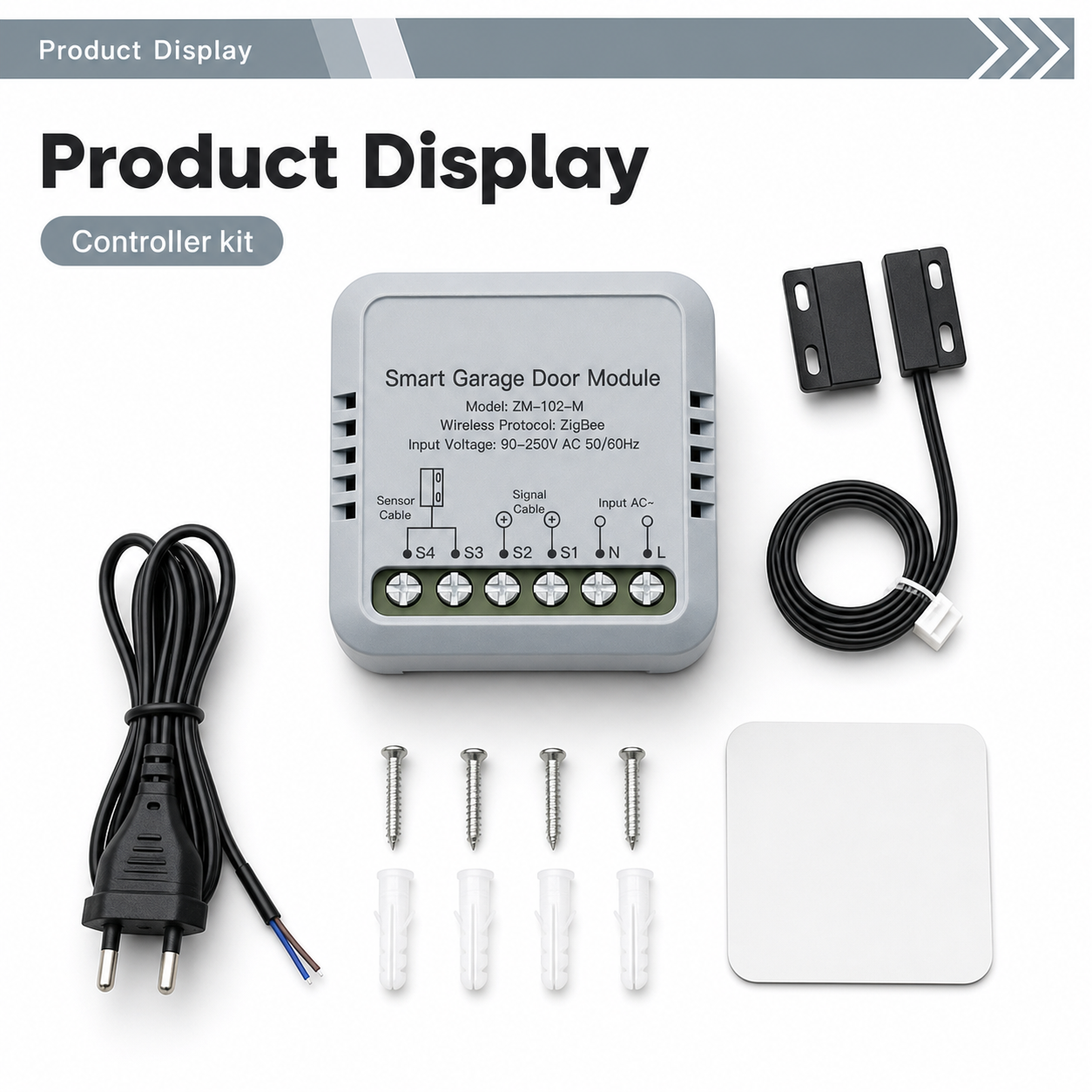 Product display of garage door controller kit with sensor and cables