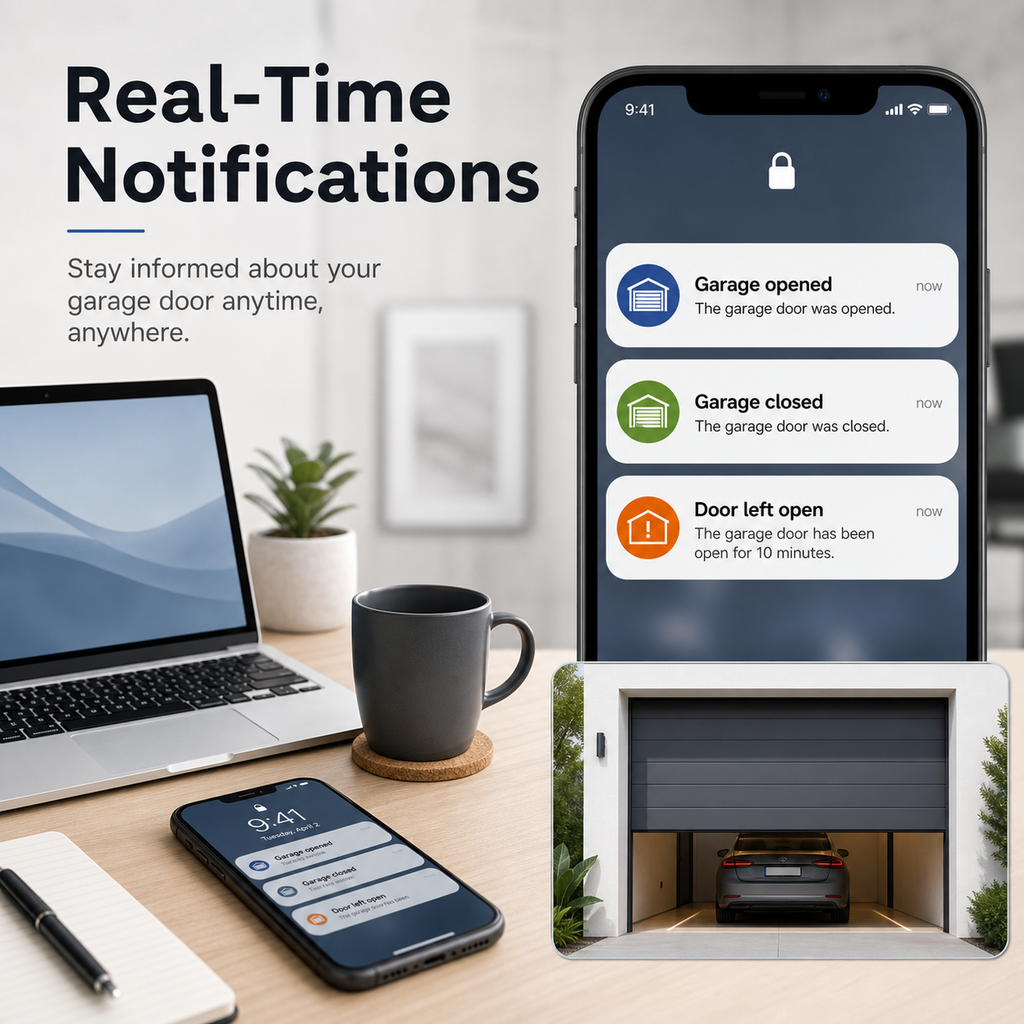 Real-time notification cards for smart garage door events