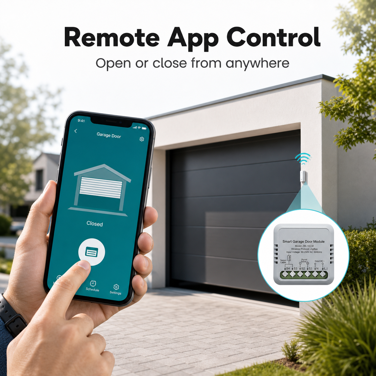 Remote app control view for Zigbee garage door controller
