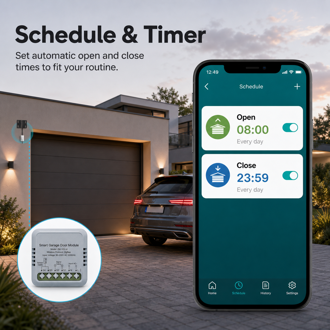 Schedule and timer interface for Zigbee garage door controller