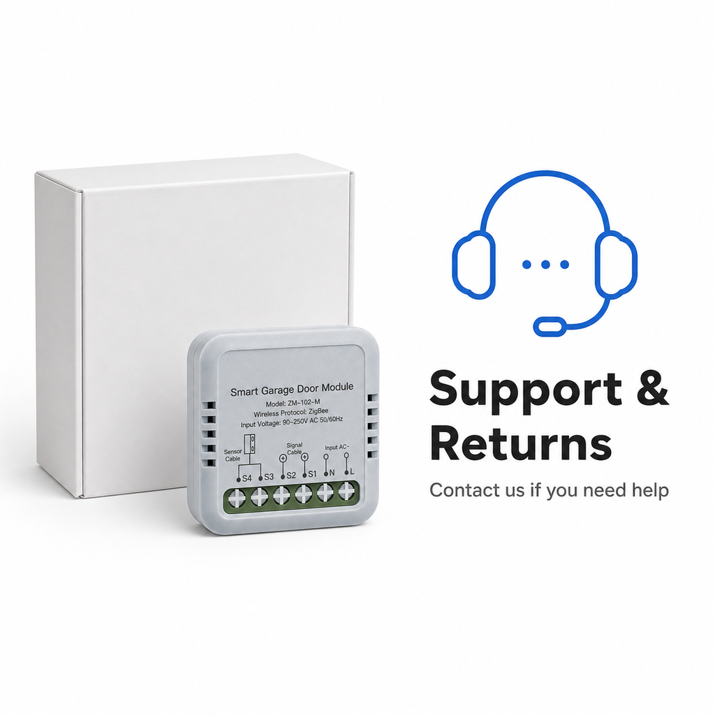 Support and returns information image for garage door controller listing