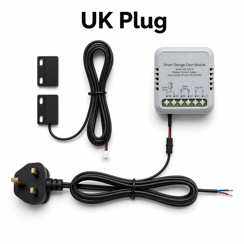 UK plug variant of garage door controller kit on white studio background