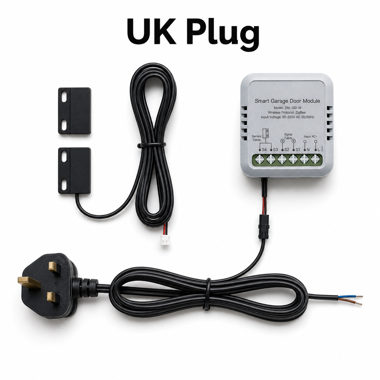 UK plug variant of garage door controller kit on white studio background