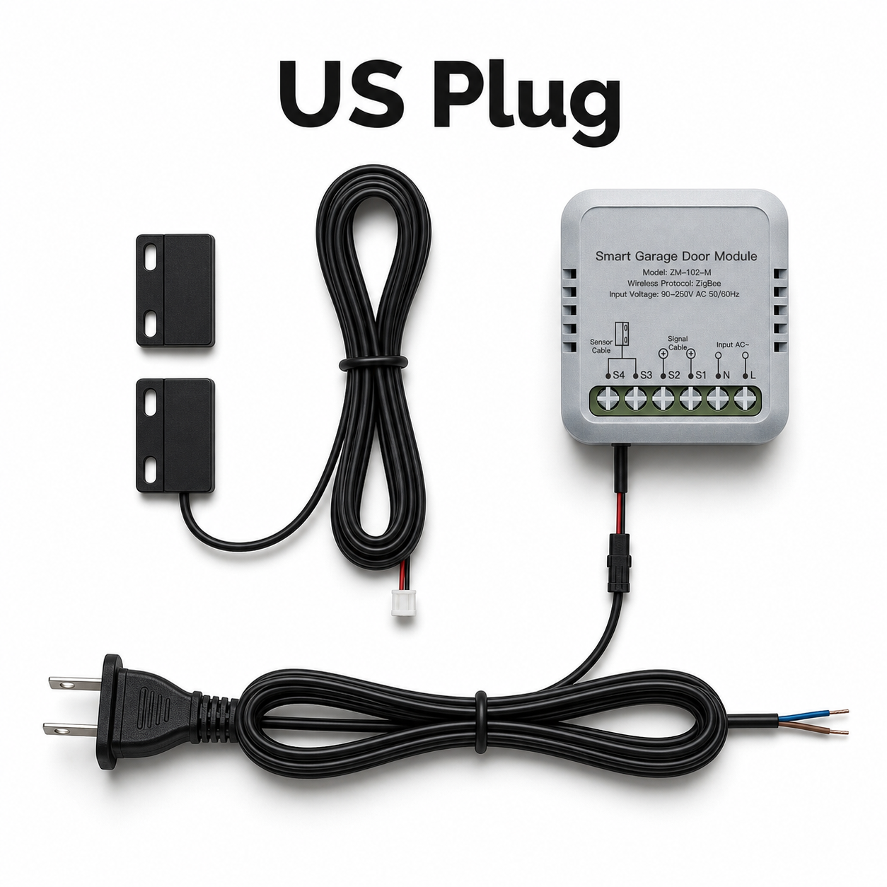 US plug variant of garage door controller kit on white studio background