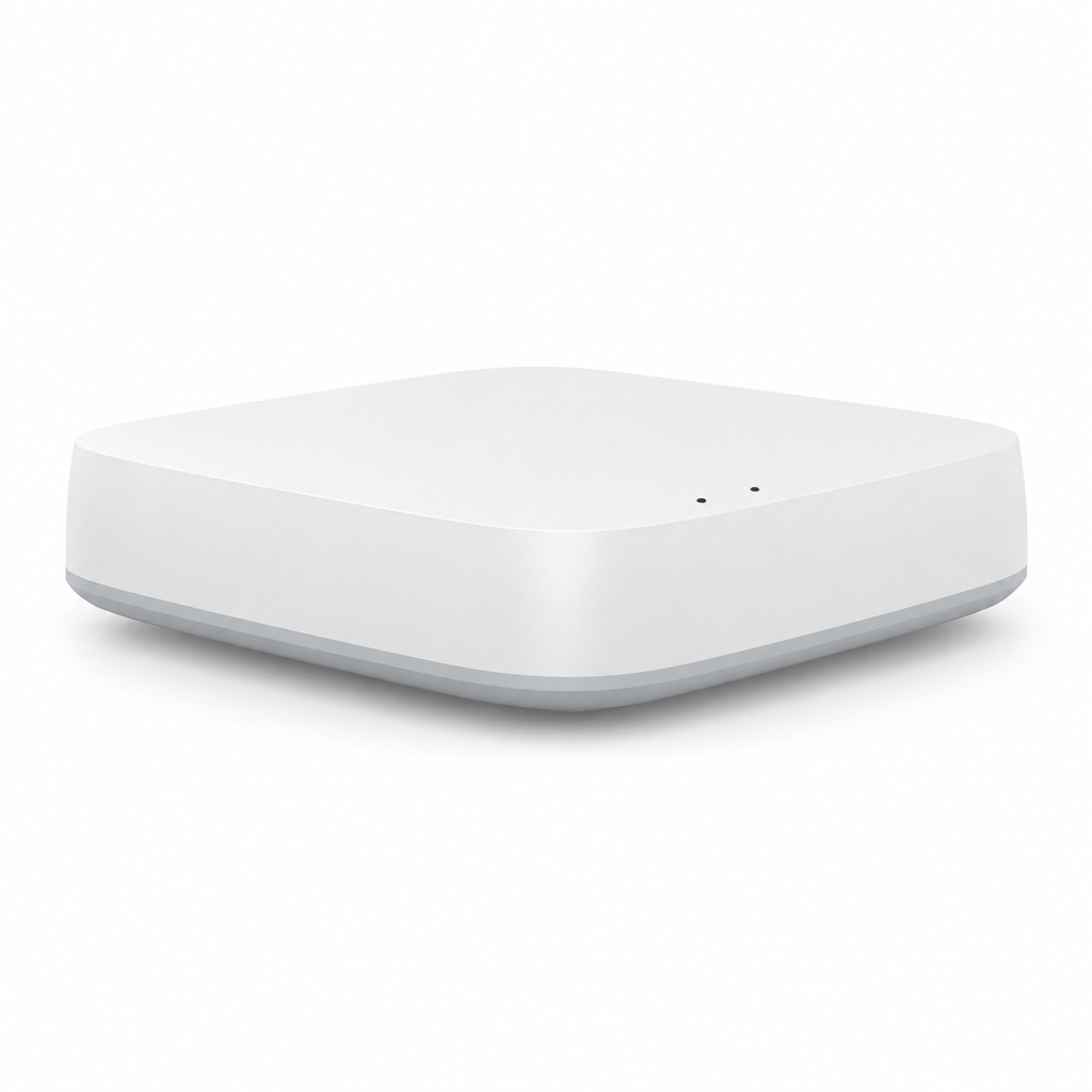Hub sans fil blanc pur NéoSoft Curve Comfort avec voyants LED pour piloter la maison connectée.