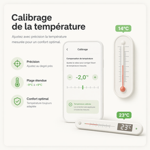 Infographie NéoPure Comfort sur le calibrage de température avec smartphone, thermomètres et réglage précis.