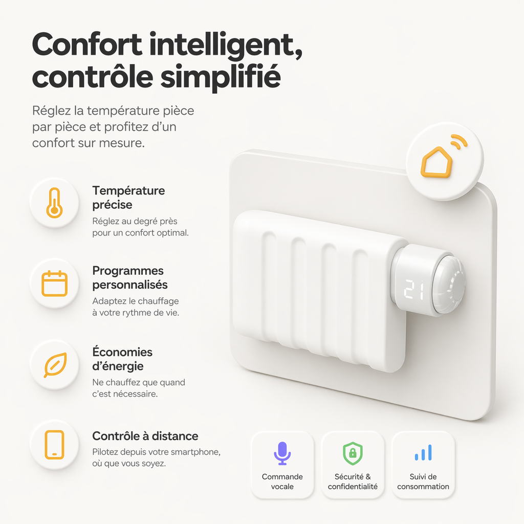Infographie NéoForce Comfort montrant le confort intelligent avec radiateur, programmes personnalisables et économies d’énergie.