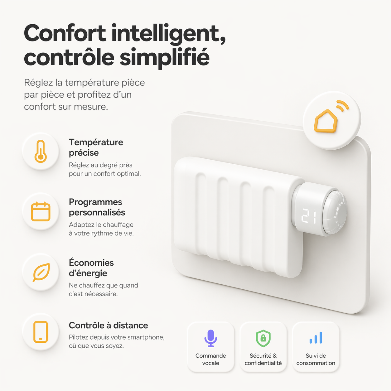 Infographie NéoForce Comfort montrant le confort intelligent avec radiateur, programmes personnalisables et économies d’énergie.