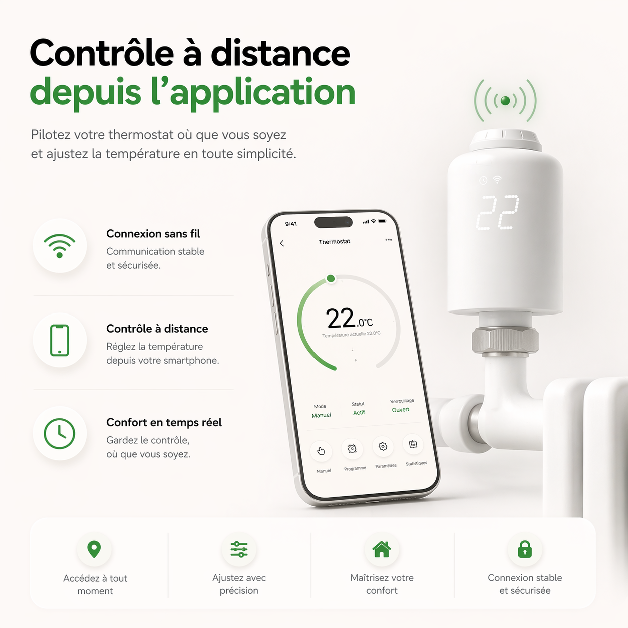 Infographie NéoForce Comfort montrant le contrôle à distance depuis l’application avec smartphone et radiateur connecté.