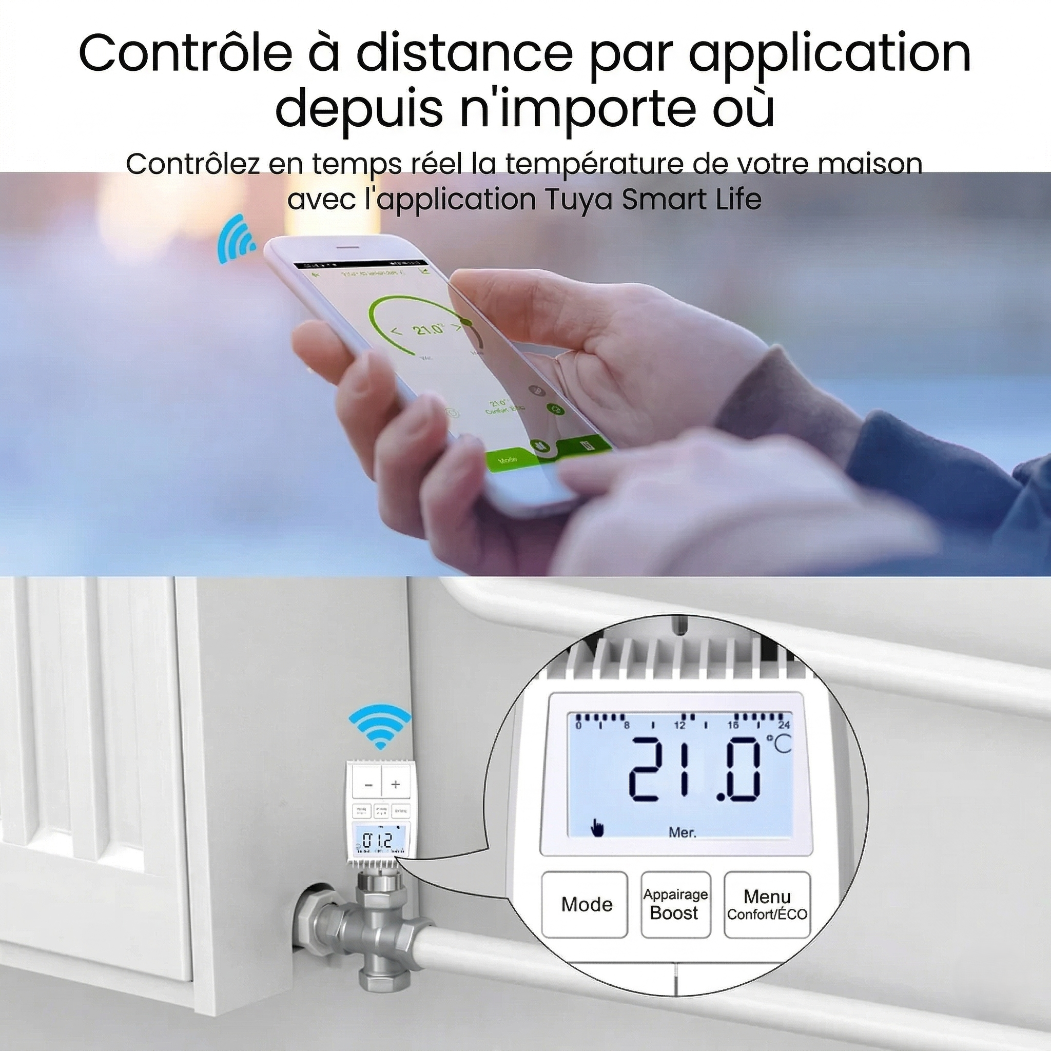 Infographie NéoMini Comfort 1 montrant le contrôle à distance par application avec smartphone et radiateur connecté.