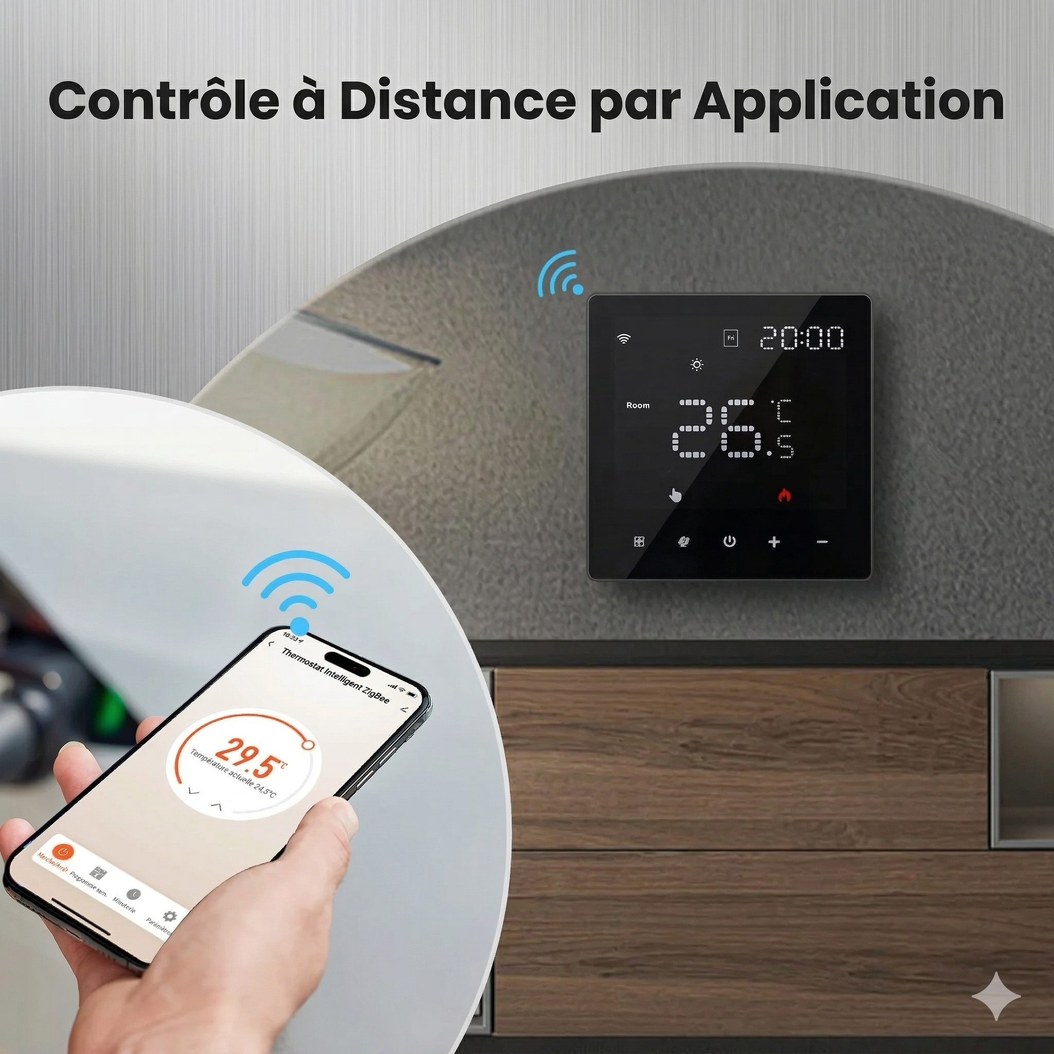 Infographie NéoPure Comfort montrant le contrôle à distance du thermostat mural via application smartphone.