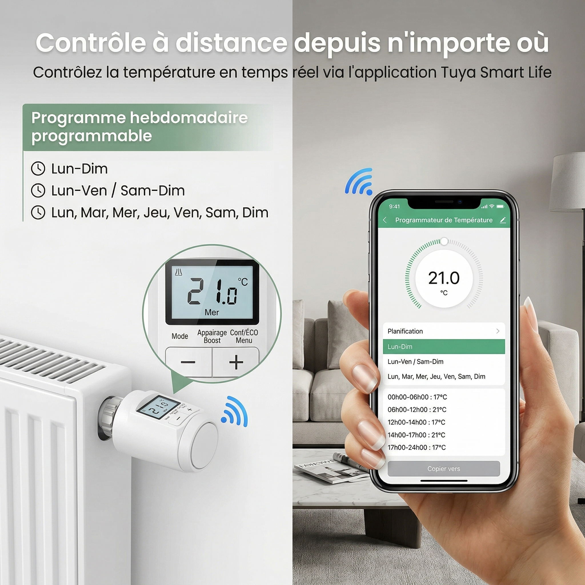 Infographie NéoMini Comfort 1 montrant le contrôle à distance avec programme hebdomadaire sur smartphone et vanne sur radiateur.