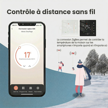 Infographie NéoPure Comfort montrant le contrôle à distance sans fil avec smartphone et thermostats muraux.