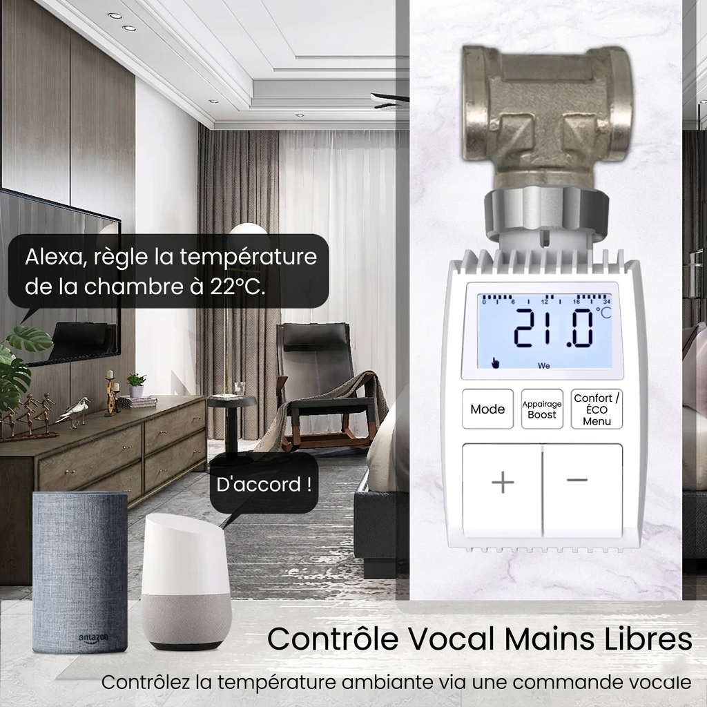 Infographie NéoMini Comfort 1 montrant le contrôle vocal mains libres de la température avec vanne sur radiateur.