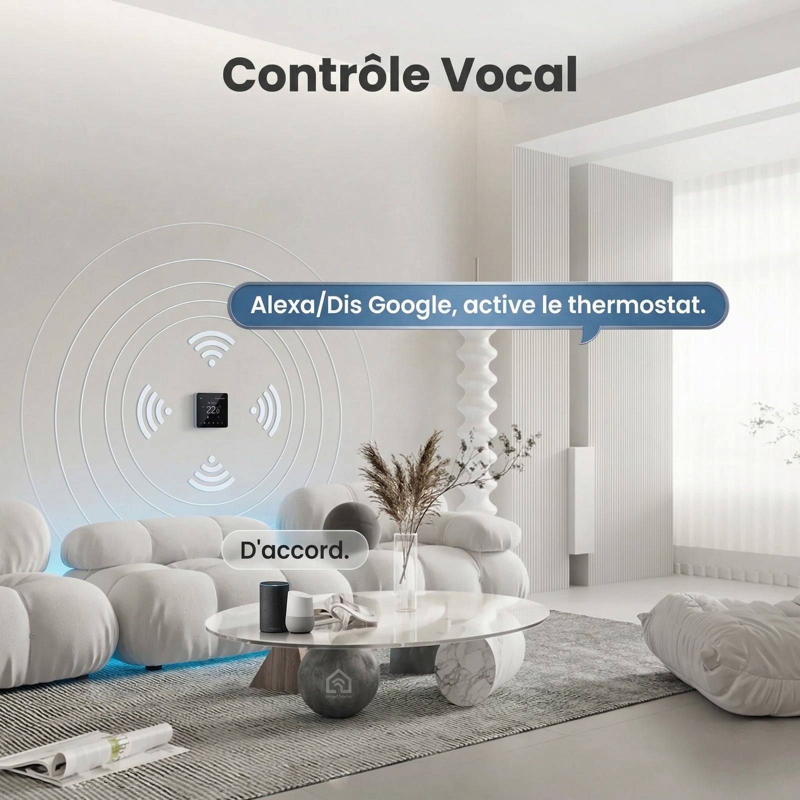 Infographie NéoPure Comfort montrant le contrôle vocal du thermostat mural dans un salon moderne.
