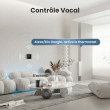 Infographie NéoPure Comfort montrant le contrôle vocal du thermostat mural dans un salon moderne.