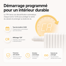 Infographie NéoForce Comfort montrant le démarrage programmé et la décalcification automatique de la vanne sur radiateur.