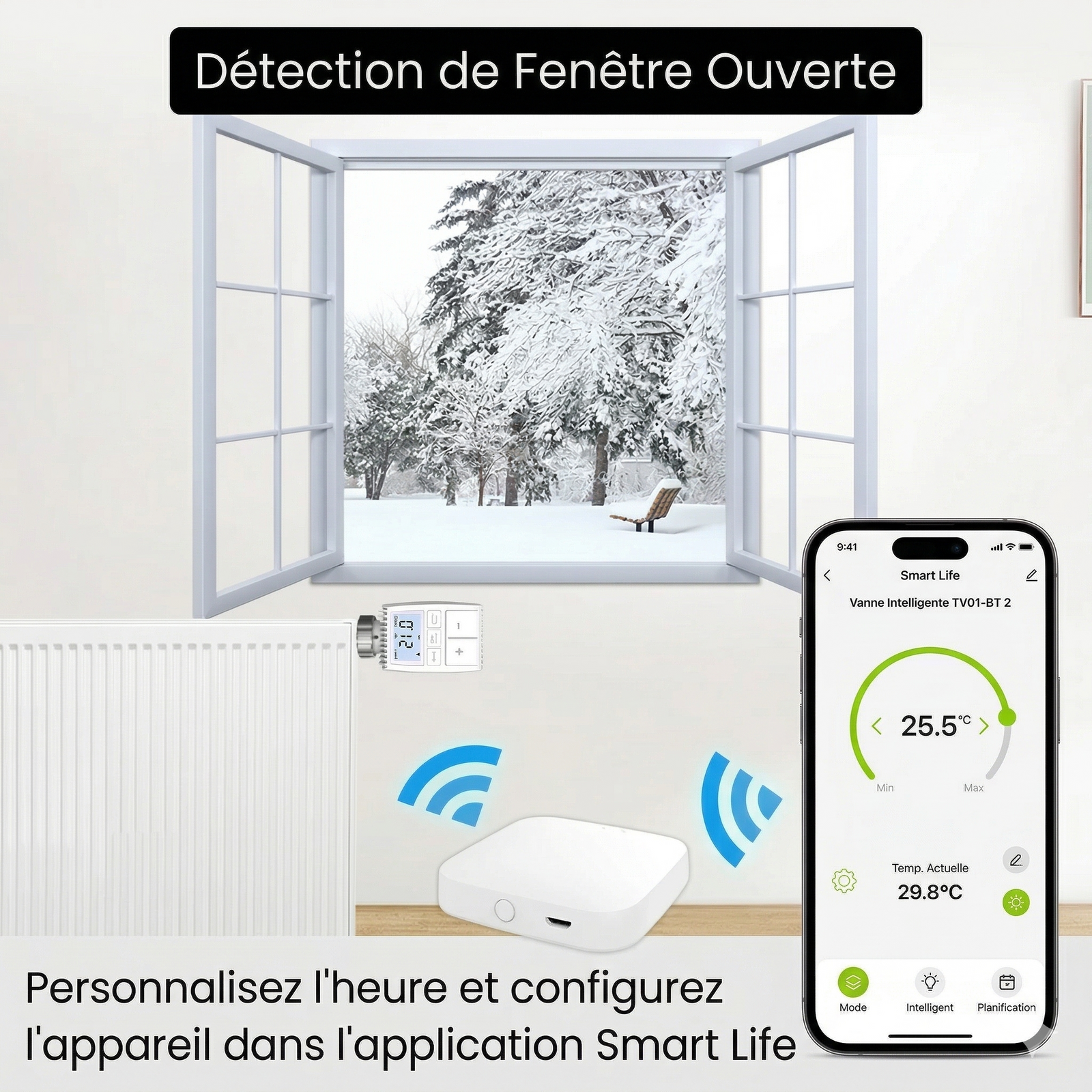 Infographie NéoMini Comfort 2 montrant la détection de fenêtre ouverte avec radiateur, hub sans fil et smartphone.