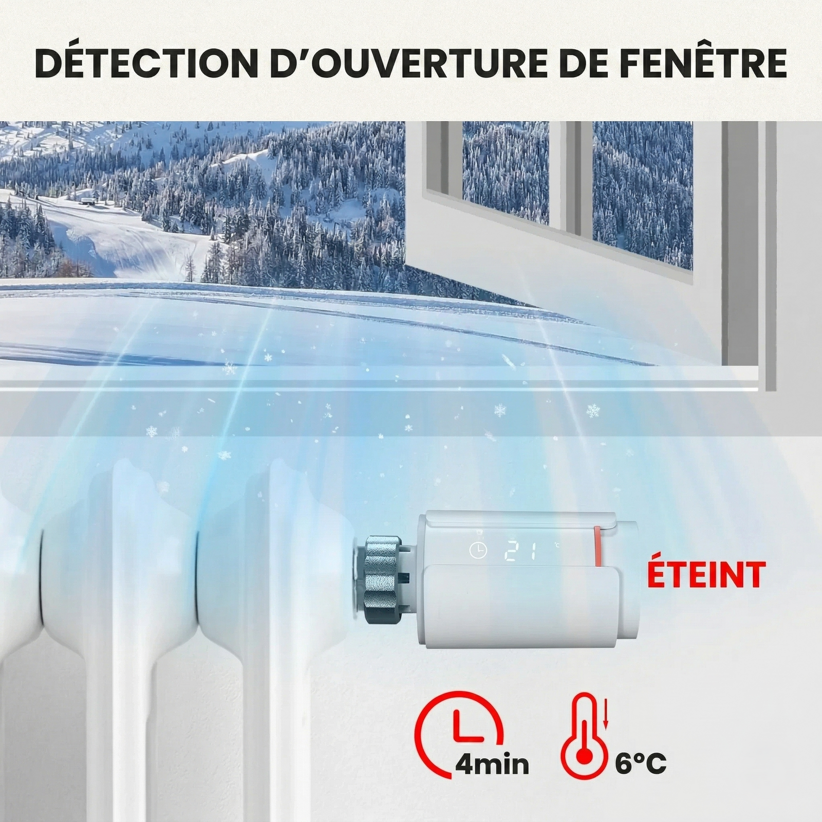 Infographie NéoGraph Comfort montrant la détection d’ouverture de fenêtre avec arrêt automatique du chauffage sur radiateur.