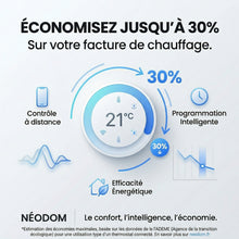 Infographie NéoPure Comfort sur les économies de chauffage avec contrôle à distance et programmation intelligente.