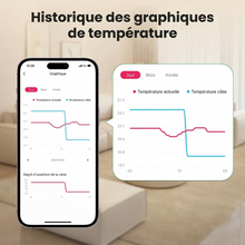 Infographie NéoGraph Comfort montrant l’historique des graphiques de température sur smartphone avec courbes de suivi.