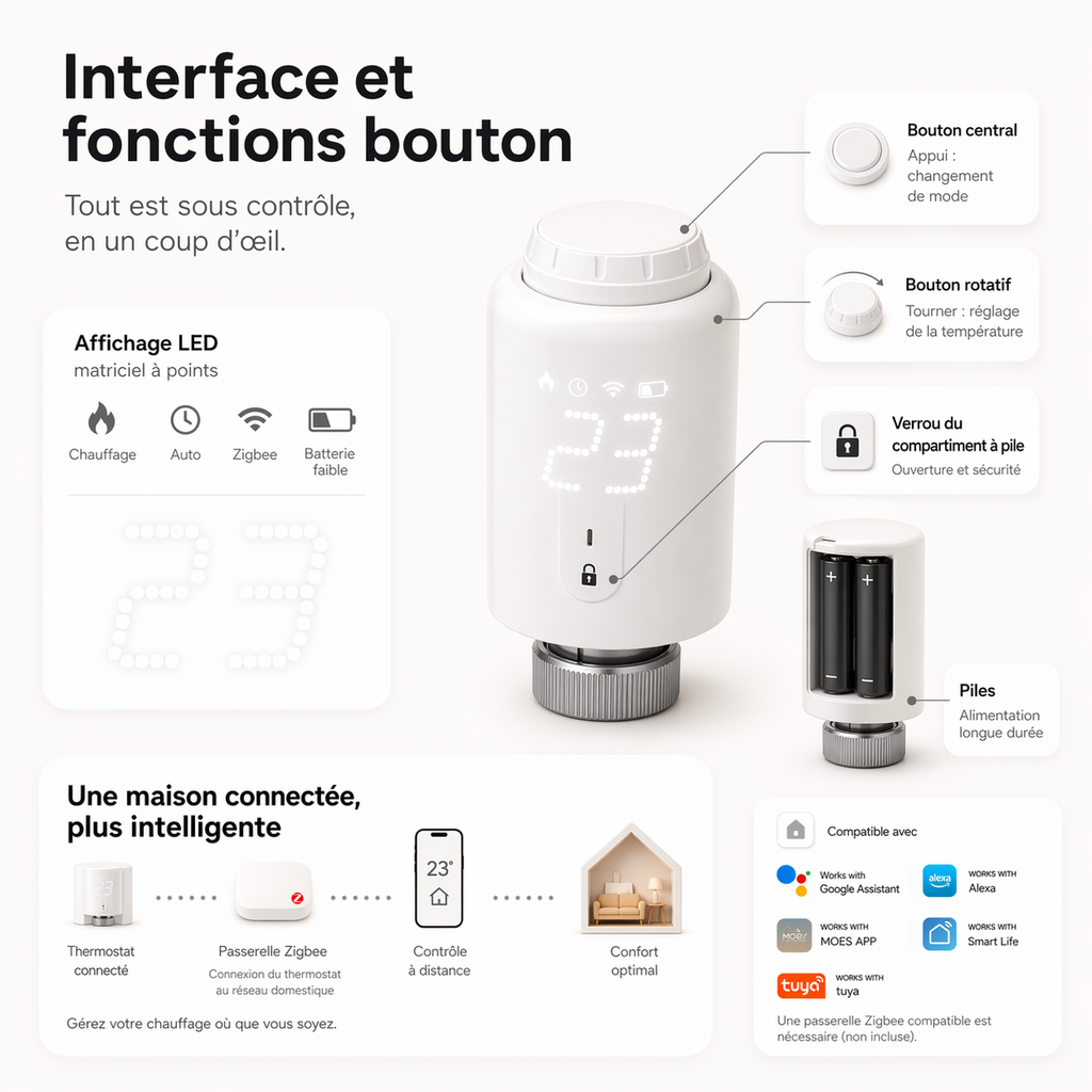 Infographie NéoForce Comfort détaillant l’écran LED, les boutons, les piles et le verrouillage enfant.