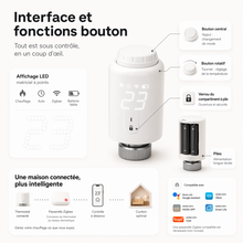 Infographie NéoForce Comfort détaillant l’écran LED, les boutons, les piles et le verrouillage enfant.