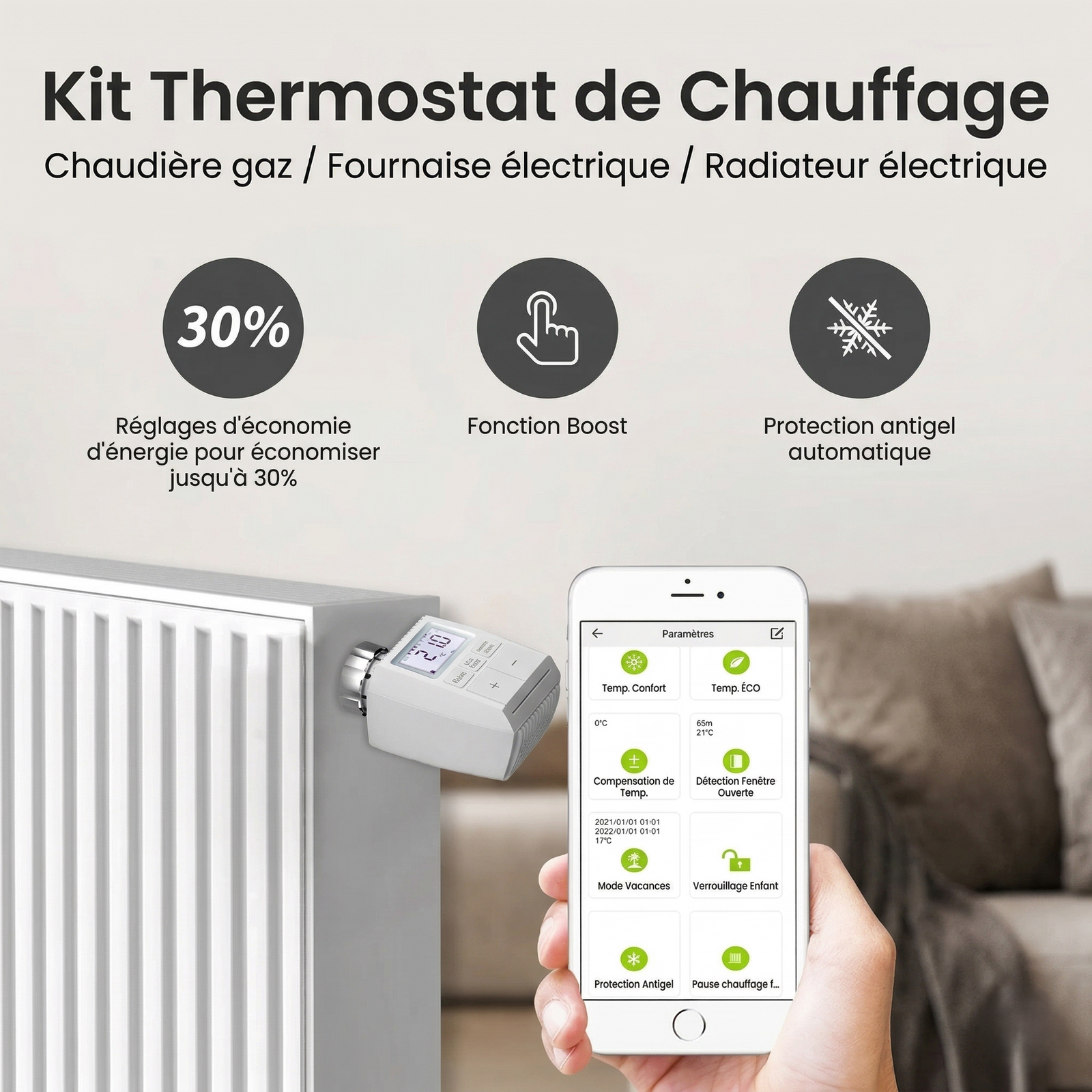 Infographie NéoMini Comfort 1 présentant le kit thermostat de chauffage avec radiateur, smartphone, économie d’énergie et protection antigel.