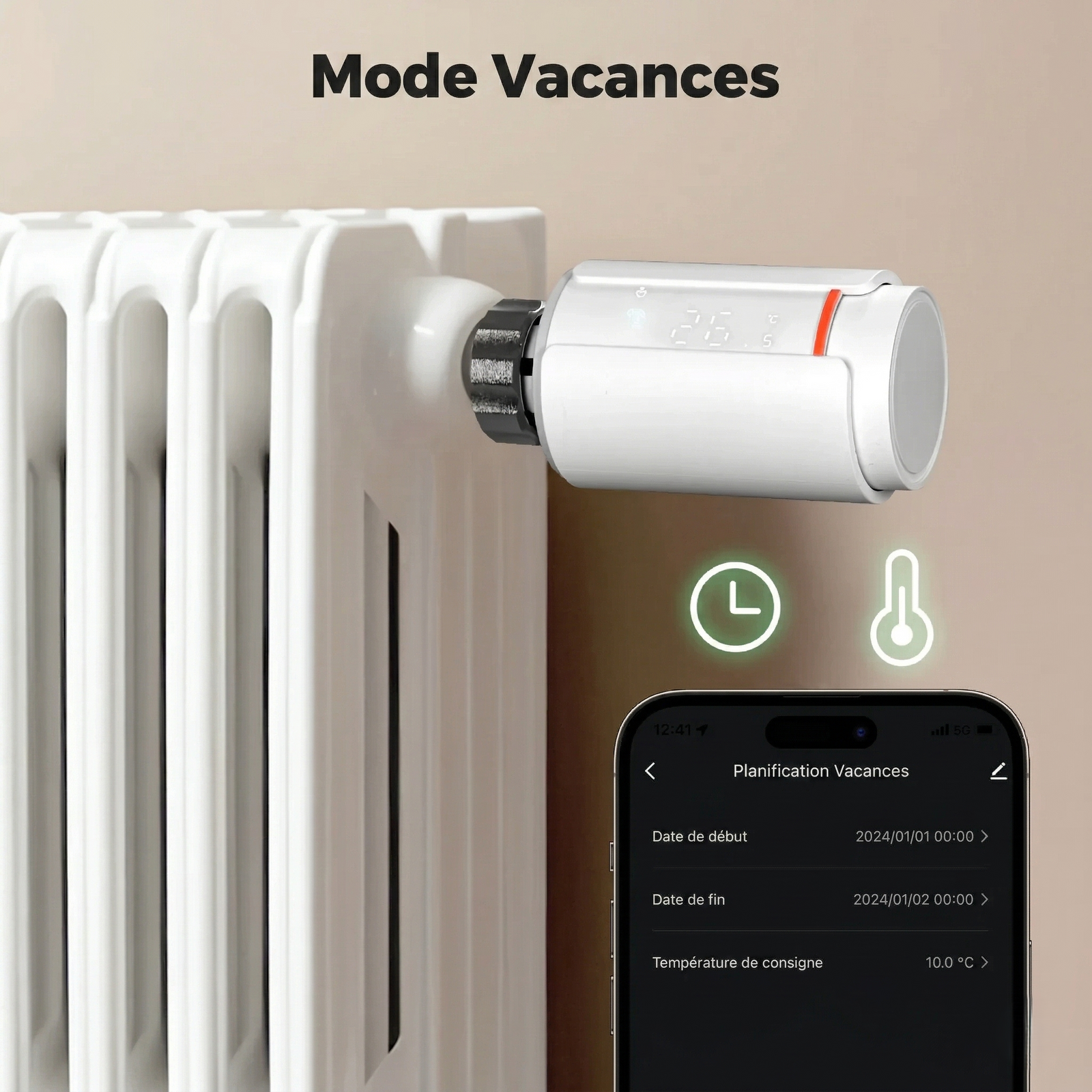 Infographie NéoGraph Comfort montrant le mode vacances avec vanne thermostatique sur radiateur et réglage smartphone.