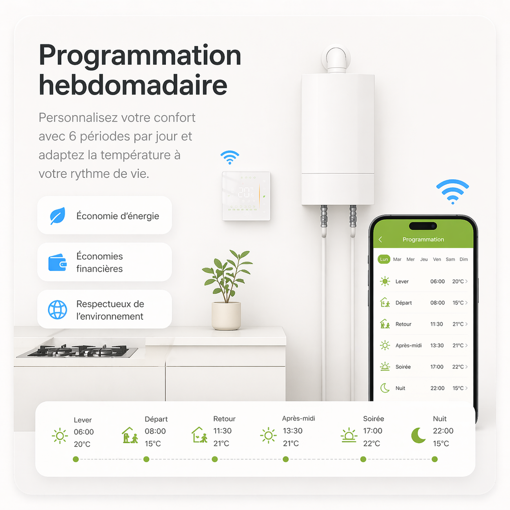 Infographie NéoGlass Comfort montrant la programmation hebdomadaire du thermostat mural avec chaudière et smartphone.