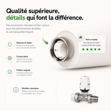 Infographie NéoForce Comfort montrant la qualité supérieure du raccord métallique et la conception robuste de la vanne thermostatique.
