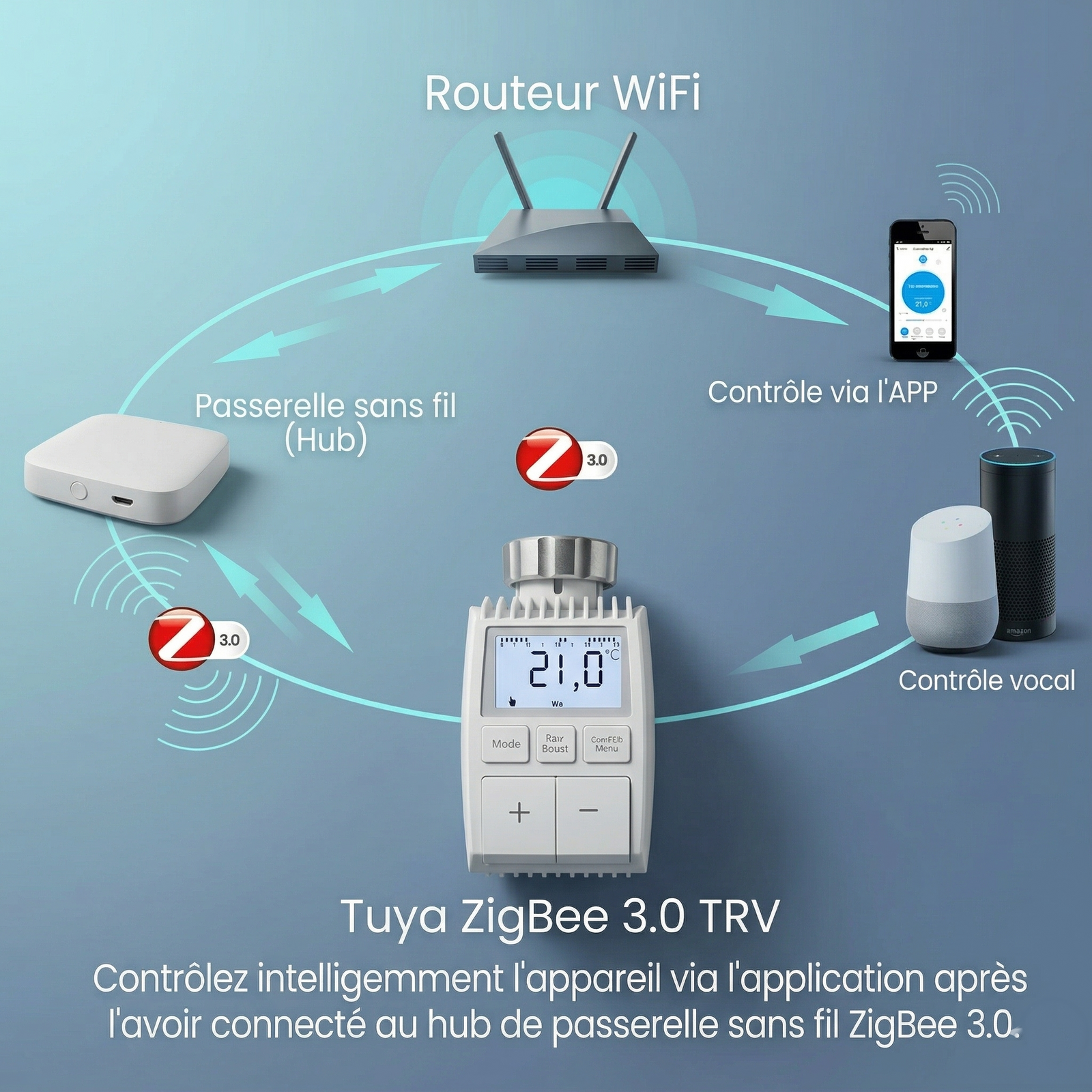 Infographie NéoMini Comfort 2 montrant le réseau Zigbee avec routeur, passerelle, application mobile et contrôle vocal.
