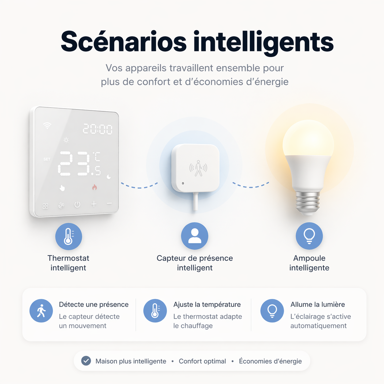 Infographie NéoPure Comfort montrant des scénarios intelligents avec thermostat, capteur de présence et ampoule connectée.