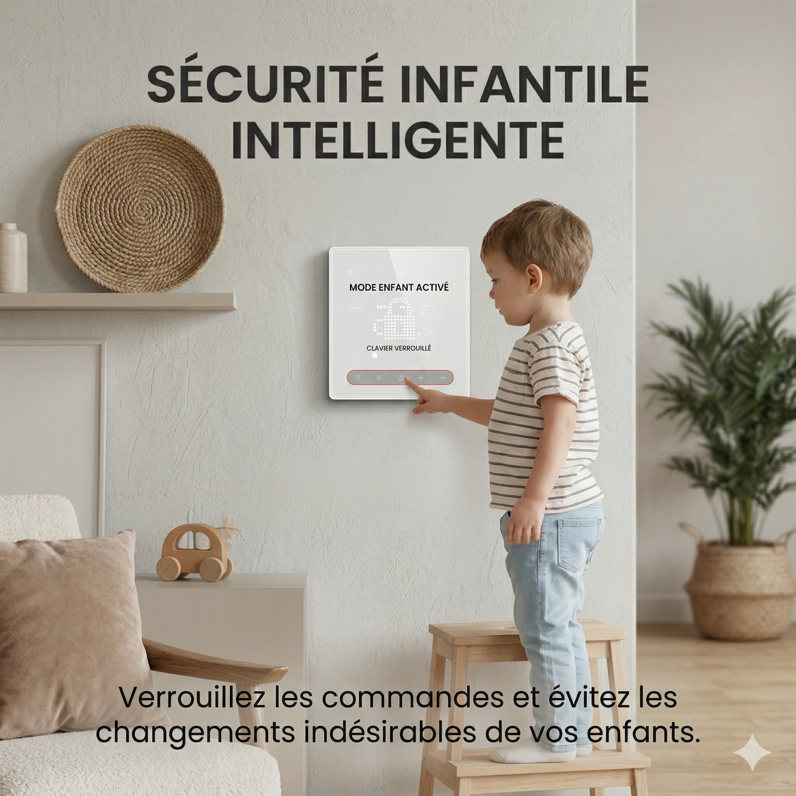 Infographie NéoPure Comfort présentant la sécurité enfant intelligente et le verrouillage du thermostat mural.