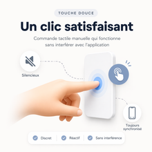 Infographie NéoGlass Comfort montrant la touche douce et la commande tactile manuelle silencieuse.
