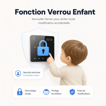 Infographie NéoPure Comfort montrant la fonction verrou enfant sur thermostat mural noir absolu.