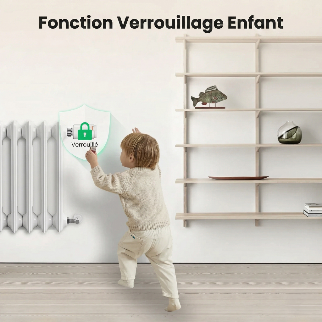 Infographie NéoGraph Comfort montrant le verrouillage enfant sur une vanne thermostatique installée près d’un radiateur.